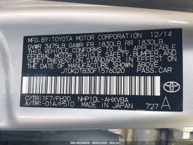 Photo 8 VIN: JTDKDTB30F1576020 - TOYOTA PRIUS C 