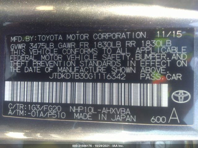 Photo 8 VIN: JTDKDTB30G1116342 - TOYOTA PRIUS C 