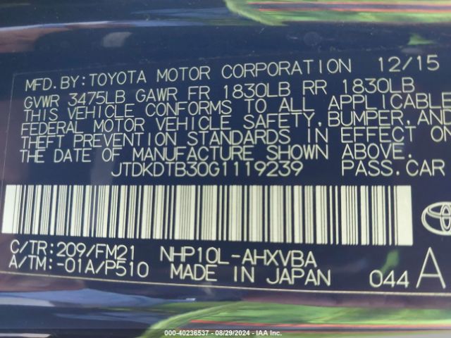 Photo 8 VIN: JTDKDTB30G1119239 - TOYOTA PRIUS C 