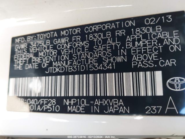 Photo 8 VIN: JTDKDTB31D1534341 - TOYOTA PRIUS C 