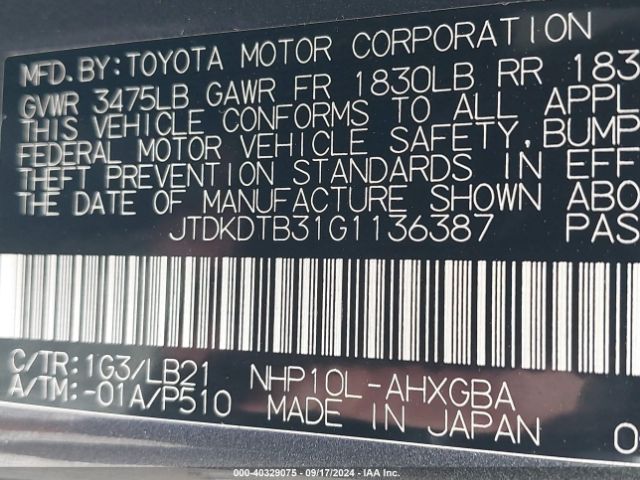 Photo 8 VIN: JTDKDTB31G1136387 - TOYOTA PRIUS C 