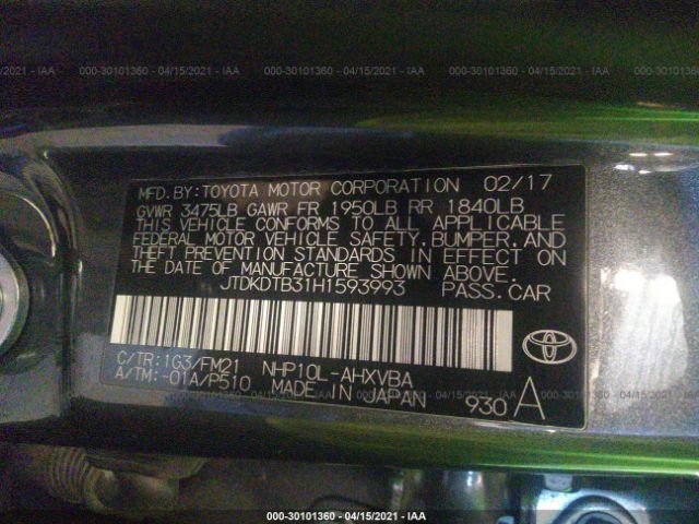 Photo 8 VIN: JTDKDTB31H1593993 - TOYOTA PRIUS C 