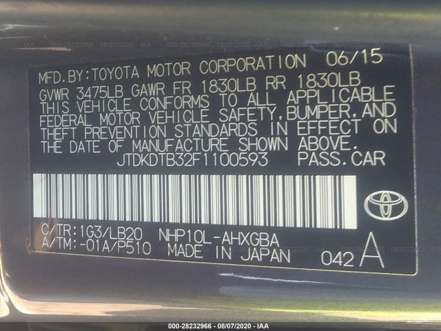 Photo 8 VIN: JTDKDTB32F1100593 - TOYOTA PRIUS C 