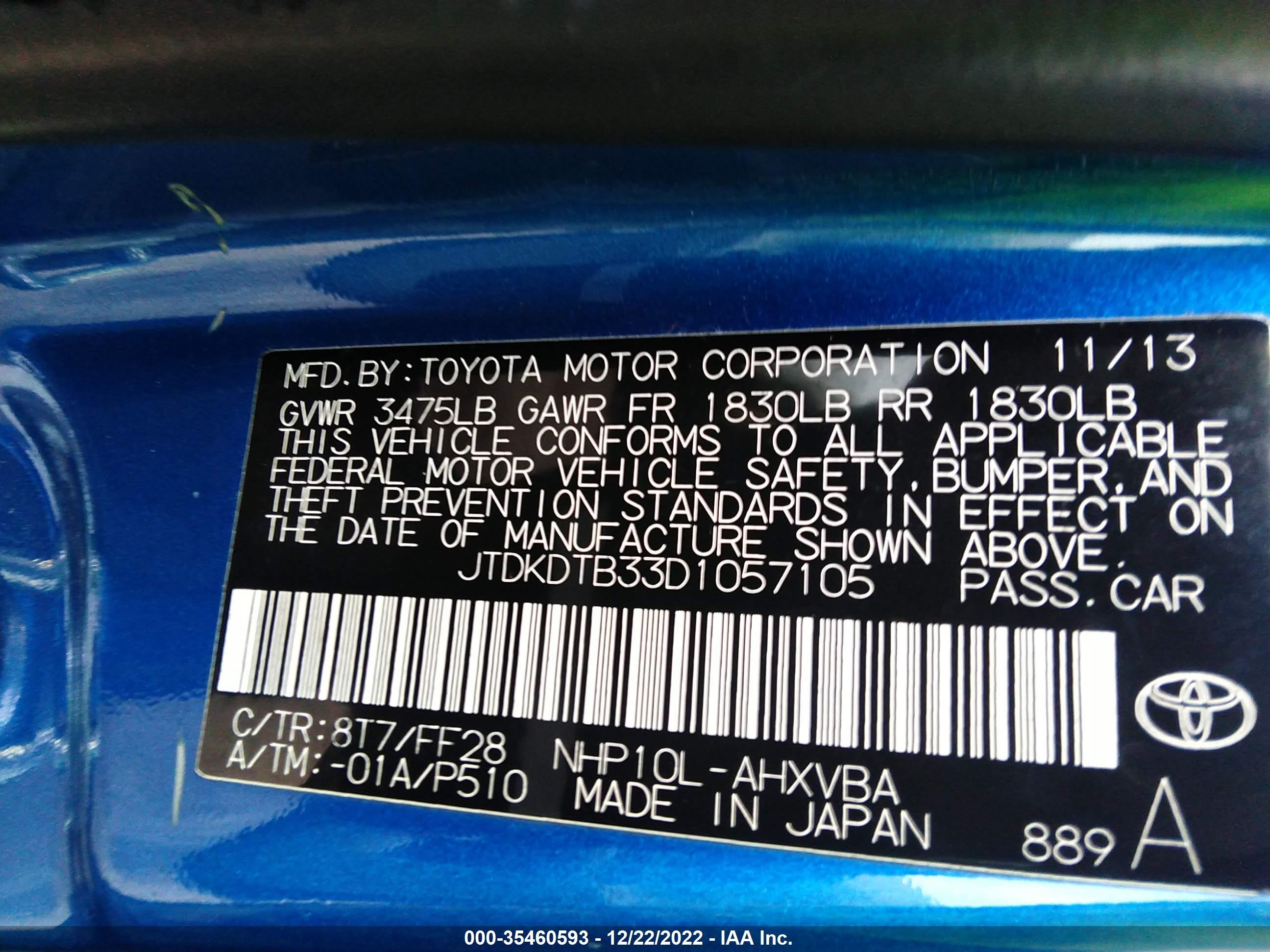 Photo 8 VIN: JTDKDTB33D1057105 - TOYOTA PRIUS C 