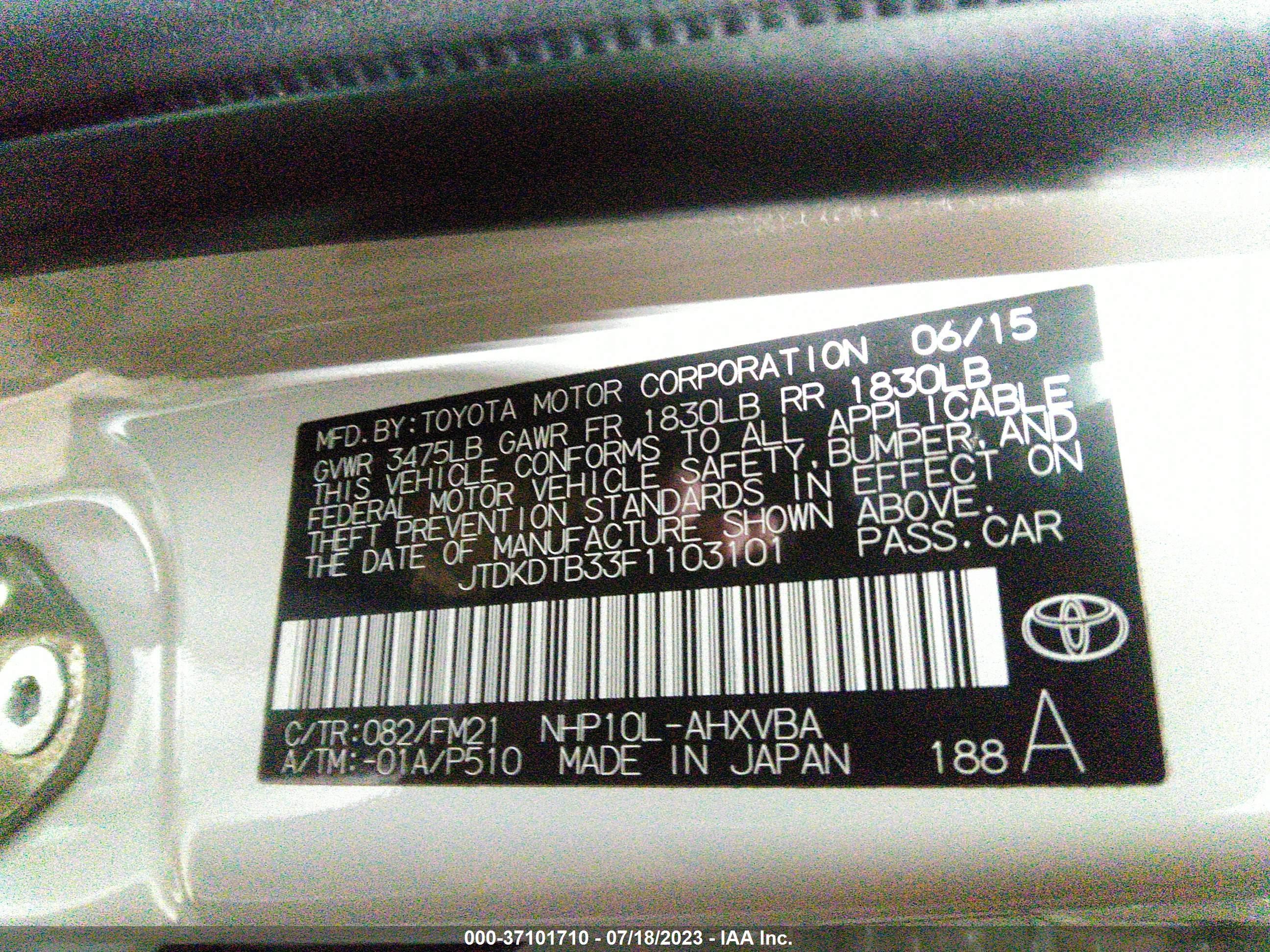 Photo 8 VIN: JTDKDTB33F1103101 - TOYOTA PRIUS C 