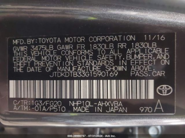 Photo 8 VIN: JTDKDTB33G1590169 - TOYOTA PRIUS C 