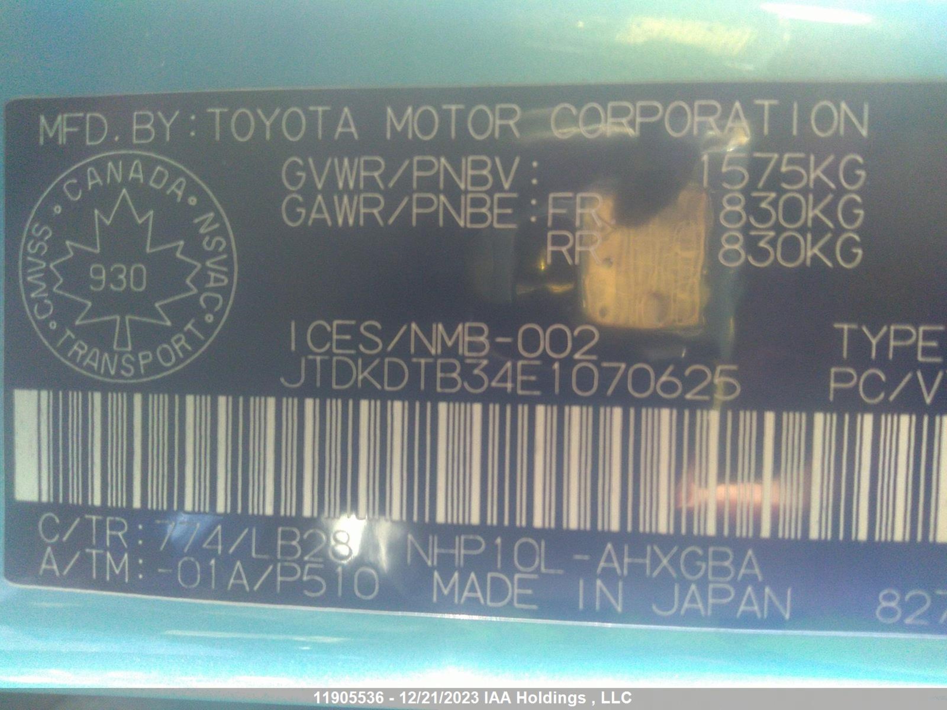 Photo 8 VIN: JTDKDTB34E1070625 - TOYOTA PRIUS C 