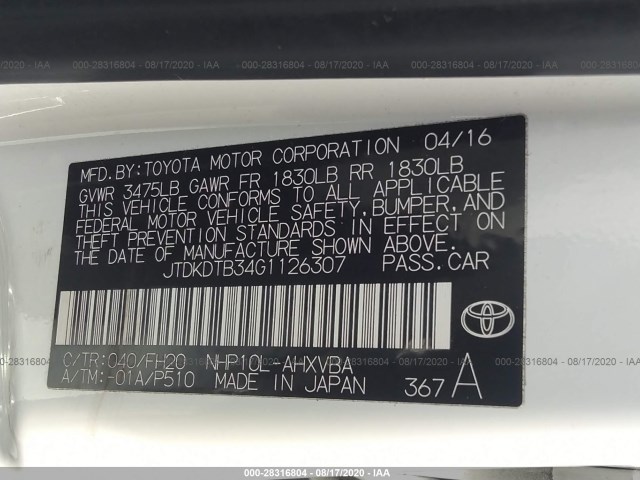 Photo 8 VIN: JTDKDTB34G1126307 - TOYOTA PRIUS C 