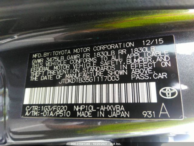 Photo 8 VIN: JTDKDTB35G1117003 - TOYOTA PRIUS C 