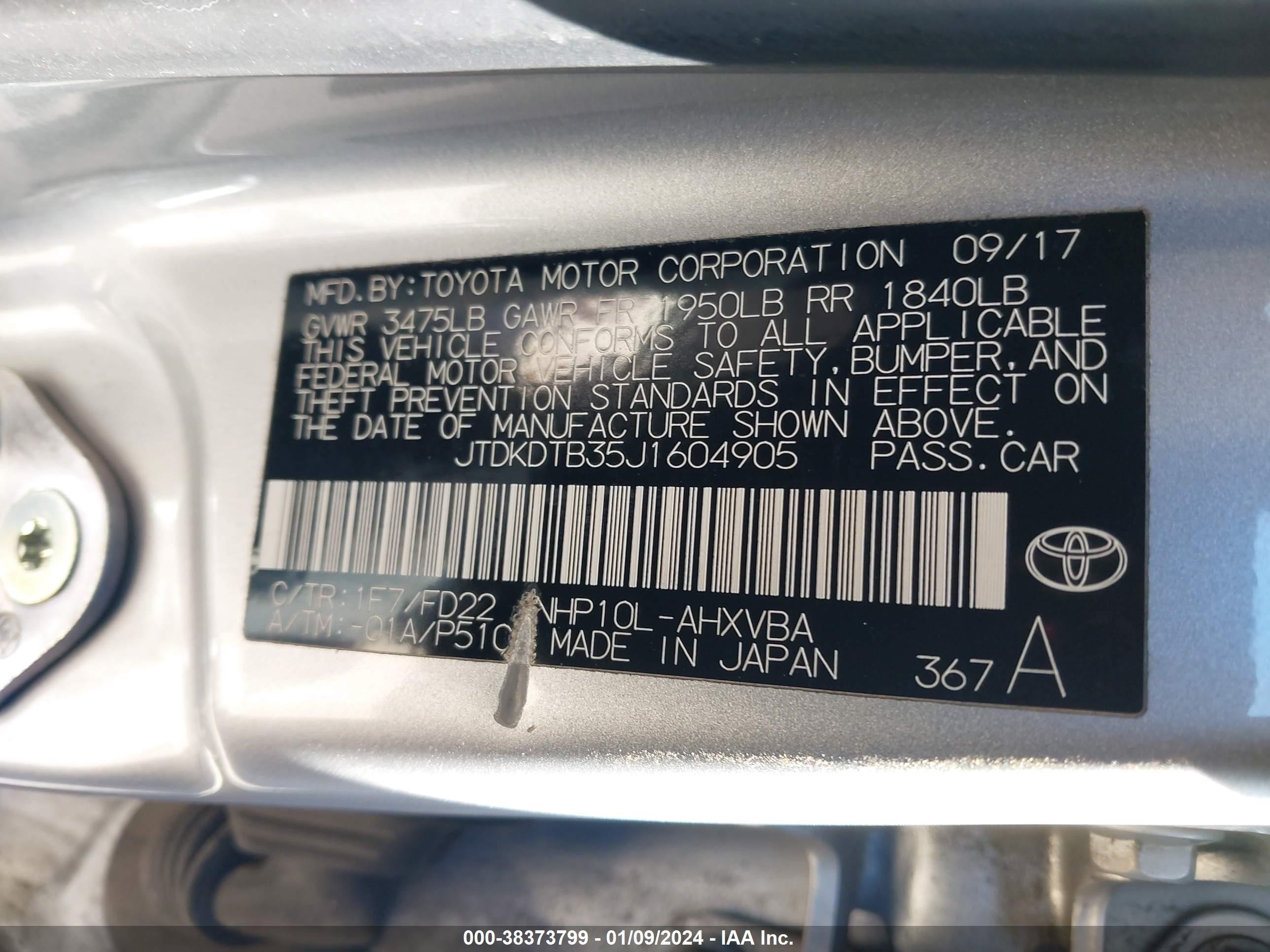 Photo 8 VIN: JTDKDTB35J1604905 - TOYOTA PRIUS C 