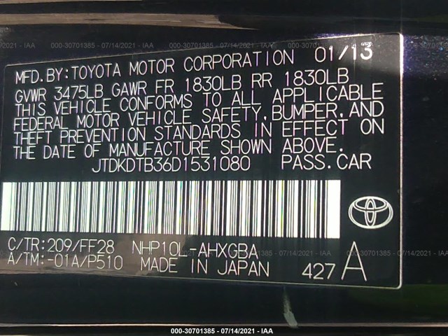 Photo 8 VIN: JTDKDTB36D1531080 - TOYOTA PRIUS C 