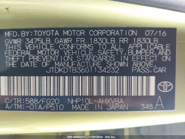 Photo 8 VIN: JTDKDTB36G1134232 - TOYOTA PRIUS C 