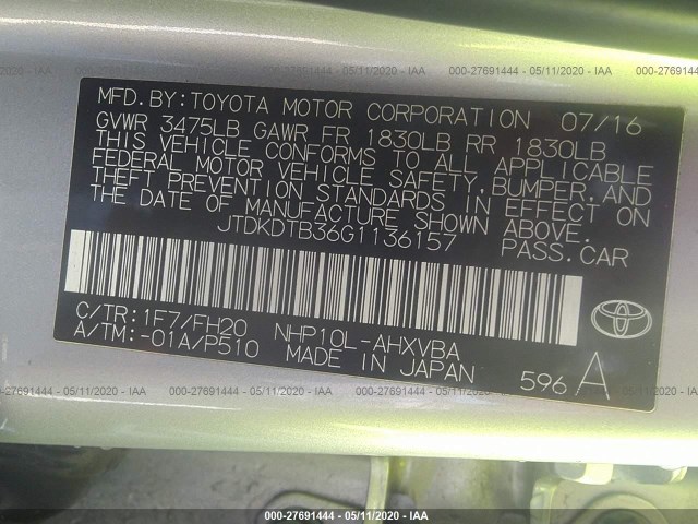 Photo 8 VIN: JTDKDTB36G1136157 - TOYOTA PRIUS C 