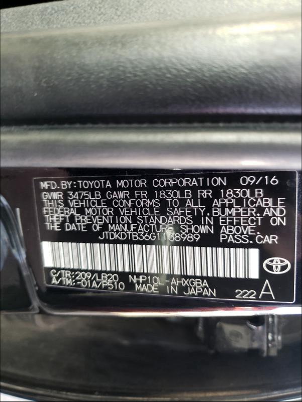 Photo 9 VIN: JTDKDTB36G1138989 - TOYOTA PRIUS C 