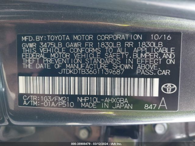 Photo 8 VIN: JTDKDTB36G1139687 - TOYOTA PRIUS C 