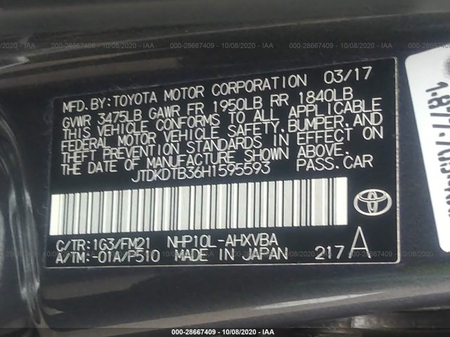 Photo 8 VIN: JTDKDTB36H1595593 - TOYOTA PRIUS C 