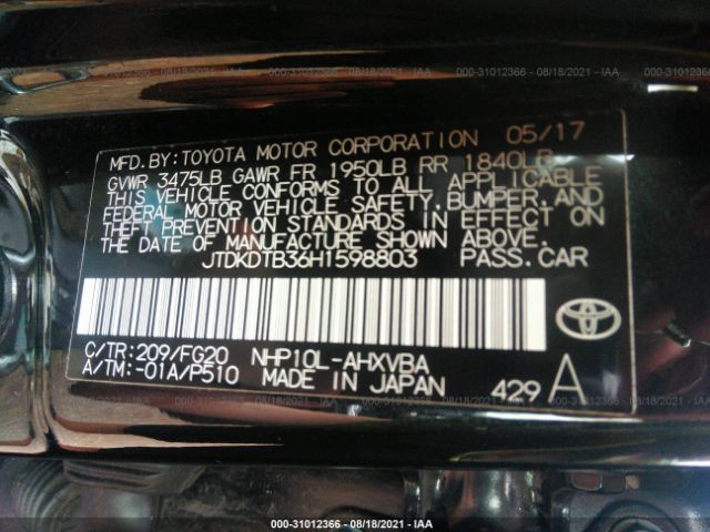 Photo 8 VIN: JTDKDTB36H1598803 - TOYOTA PRIUS C 