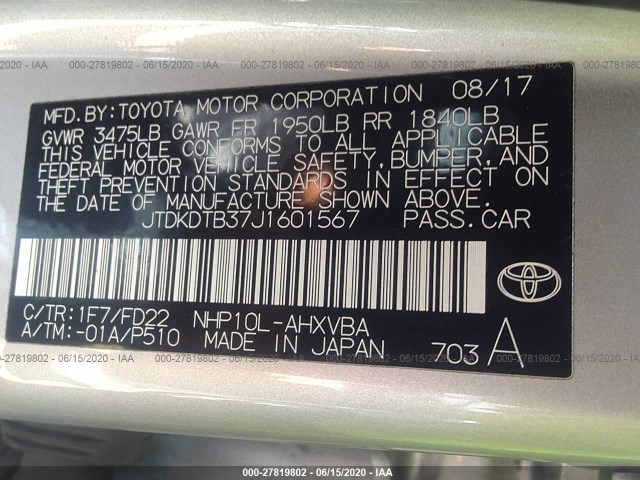 Photo 8 VIN: JTDKDTB37J1601567 - TOYOTA PRIUS C 