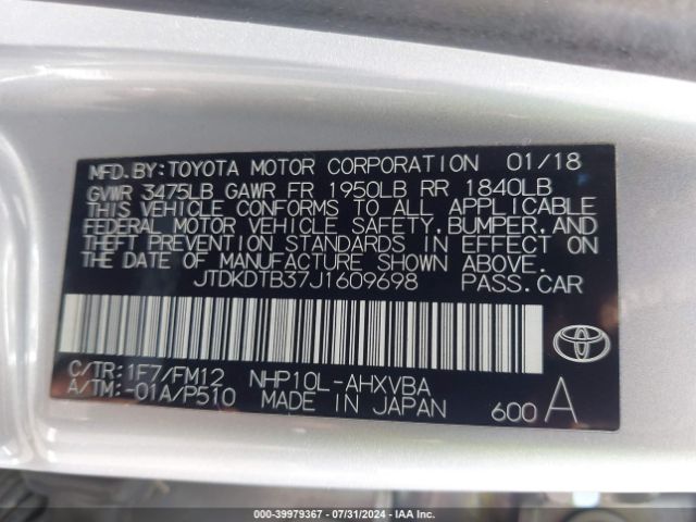 Photo 8 VIN: JTDKDTB37J1609698 - TOYOTA PRIUS C 