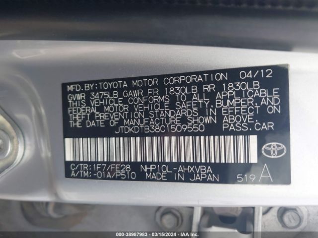 Photo 8 VIN: JTDKDTB38C1509550 - TOYOTA PRIUS C 