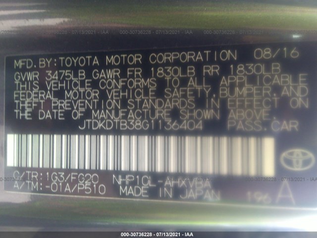 Photo 8 VIN: JTDKDTB38G1136404 - TOYOTA PRIUS C 