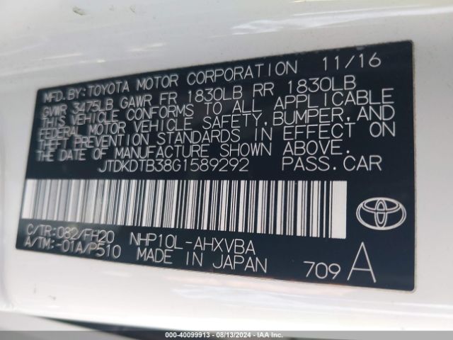 Photo 8 VIN: JTDKDTB38G1589292 - TOYOTA PRIUS C 