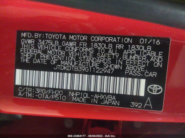 Photo 8 VIN: JTDKDTB39G1122947 - TOYOTA PRIUS C 