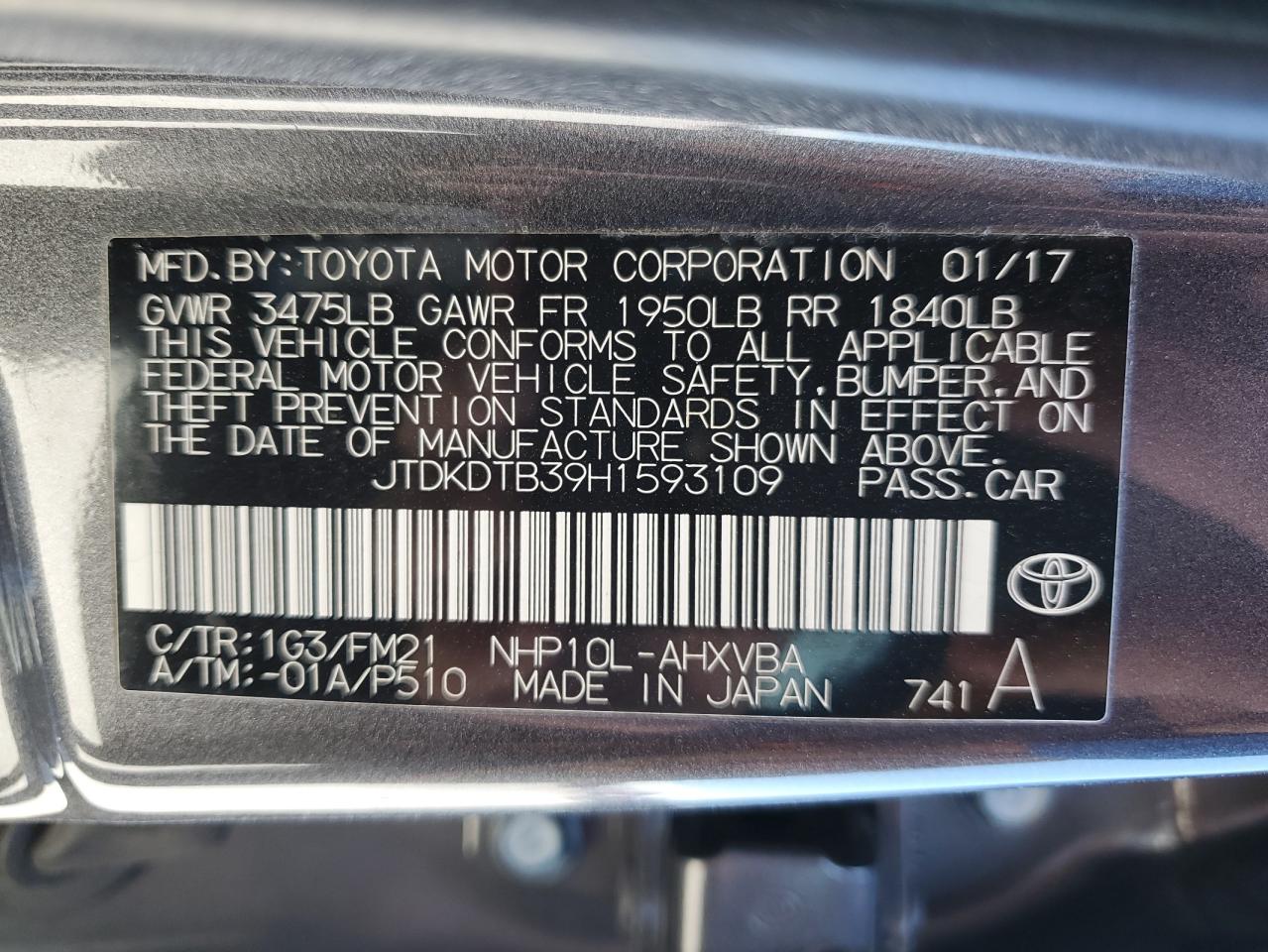 Photo 11 VIN: JTDKDTB39H1593109 - TOYOTA PRIUS 