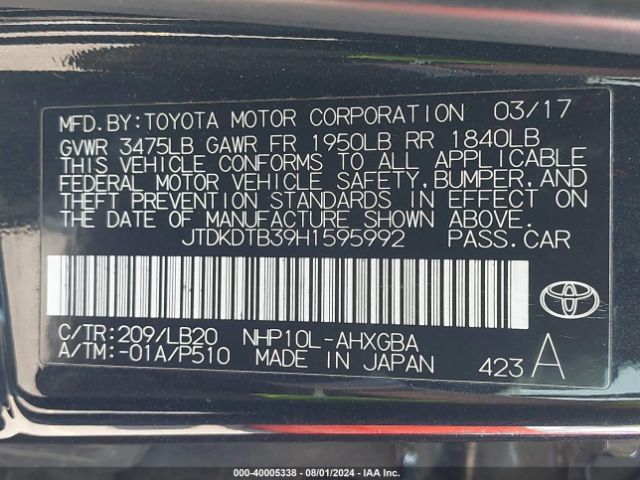 Photo 8 VIN: JTDKDTB39H1595992 - TOYOTA PRIUS C 