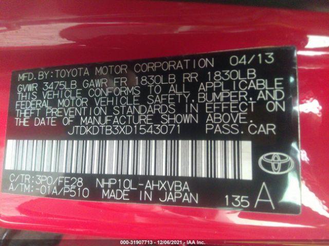 Photo 8 VIN: JTDKDTB3XD1543071 - TOYOTA PRIUS 