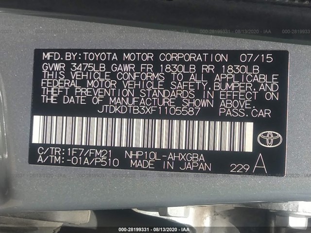 Photo 8 VIN: JTDKDTB3XF1105587 - TOYOTA PRIUS C 