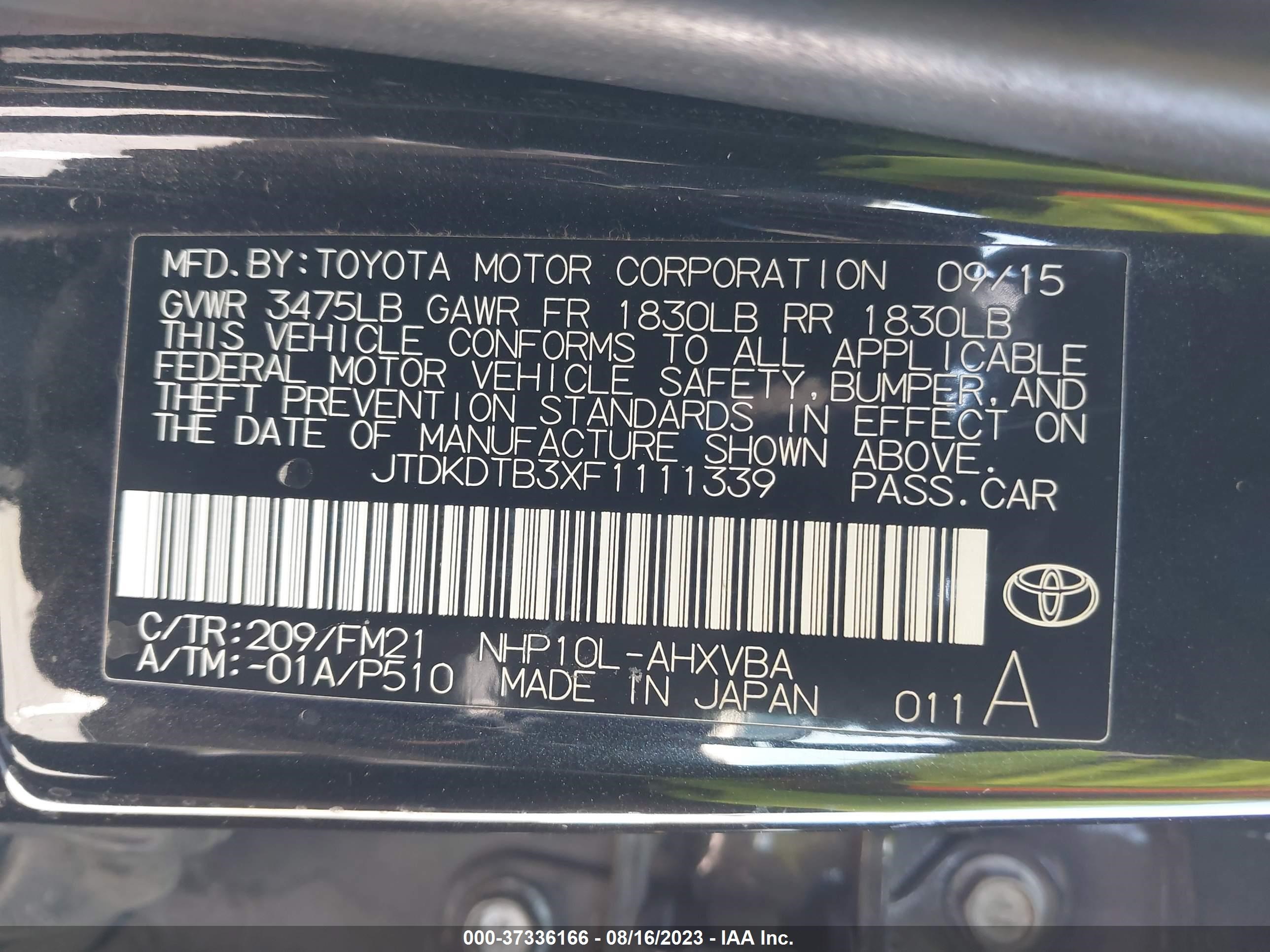 Photo 8 VIN: JTDKDTB3XF1111339 - TOYOTA PRIUS C 