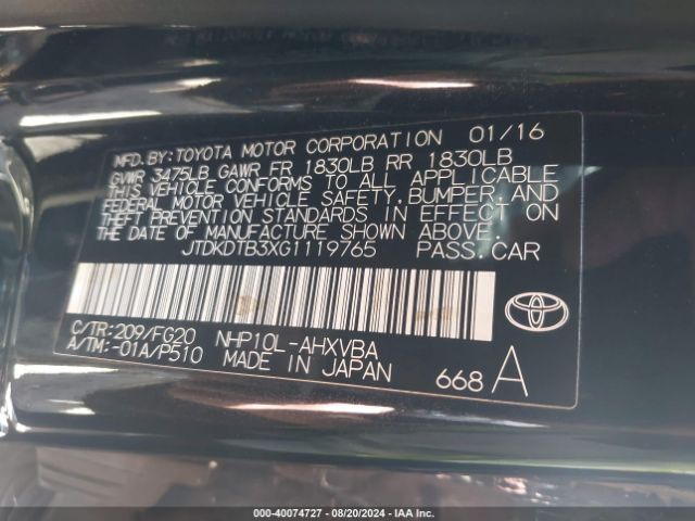 Photo 8 VIN: JTDKDTB3XG1119765 - TOYOTA PRIUS C 