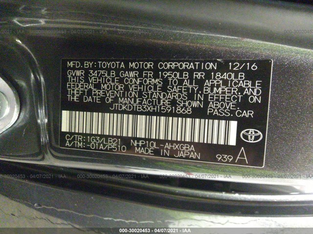 Photo 8 VIN: JTDKDTB3XH1591868 - TOYOTA PRIUS C 