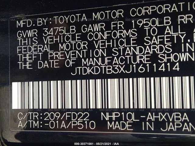 Photo 8 VIN: JTDKDTB3XJ1611414 - TOYOTA PRIUS C 