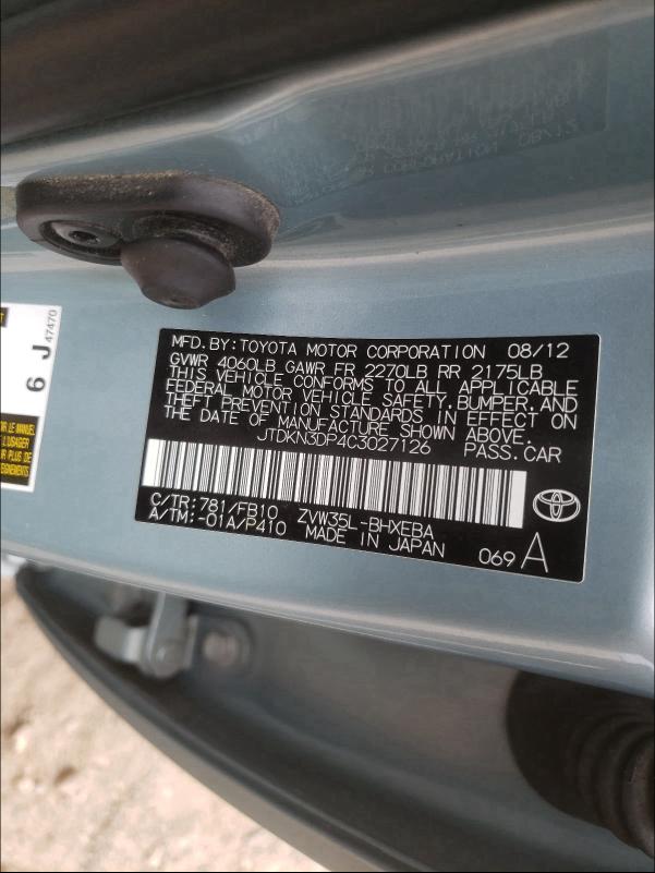 Photo 9 VIN: JTDKN3DP4C3027126 - TOYOTA PRIUS PLUG 