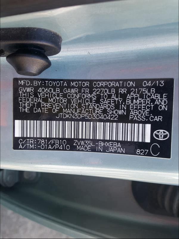 Photo 9 VIN: JTDKN3DP5D3040422 - TOYOTA PRIUS PLUG 