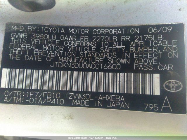 Photo 8 VIN: JTDKN3DU0A0016600 - TOYOTA PRIUS 