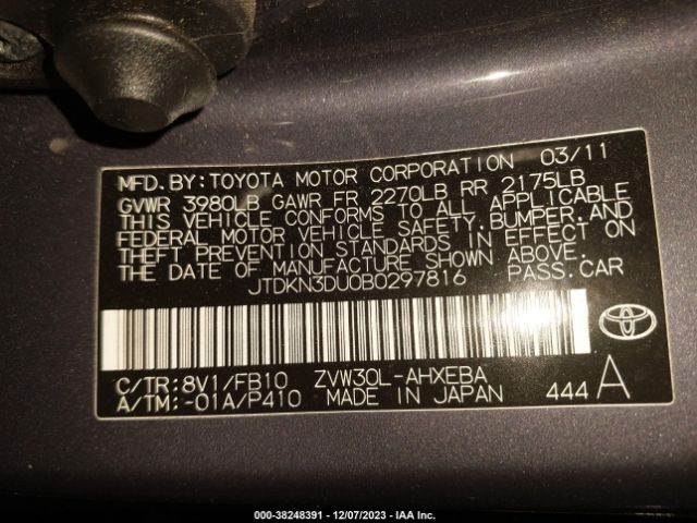 Photo 8 VIN: JTDKN3DU0B0297816 - TOYOTA PRIUS 