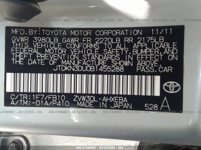 Photo 8 VIN: JTDKN3DU0B1455288 - TOYOTA PRIUS 