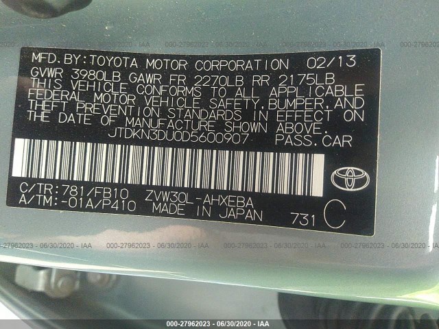 Photo 8 VIN: JTDKN3DU0D5600907 - TOYOTA PRIUS 