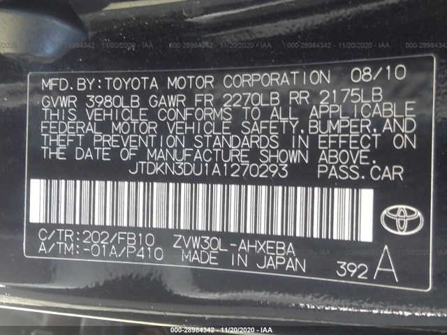 Photo 8 VIN: JTDKN3DU1A1270293 - TOYOTA PRIUS 