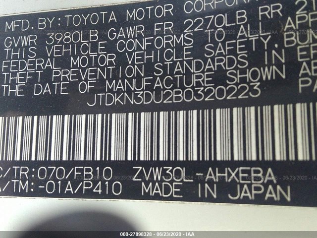 Photo 8 VIN: JTDKN3DU2B0320223 - TOYOTA PRIUS 