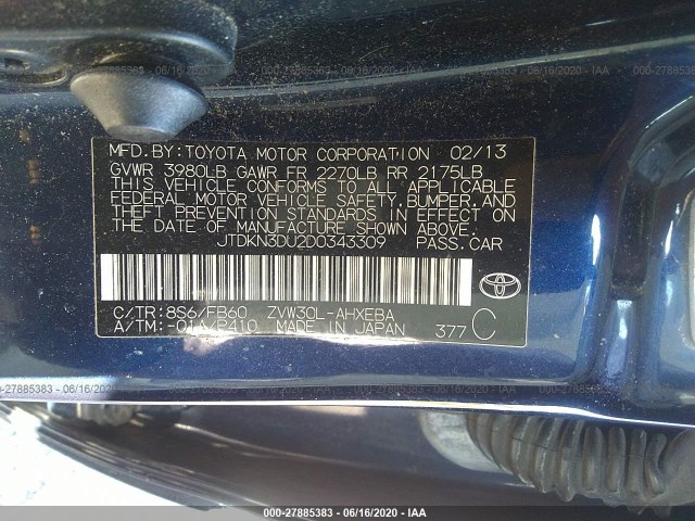 Photo 8 VIN: JTDKN3DU2D0343309 - TOYOTA PRIUS 