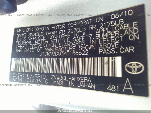 Photo 8 VIN: JTDKN3DU3A0188622 - TOYOTA PRIUS 