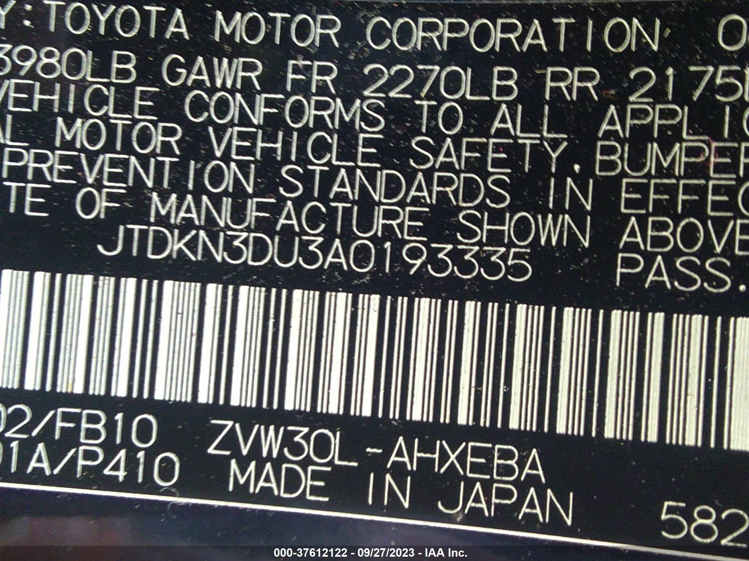 Photo 8 VIN: JTDKN3DU3A0193335 - TOYOTA PRIUS 