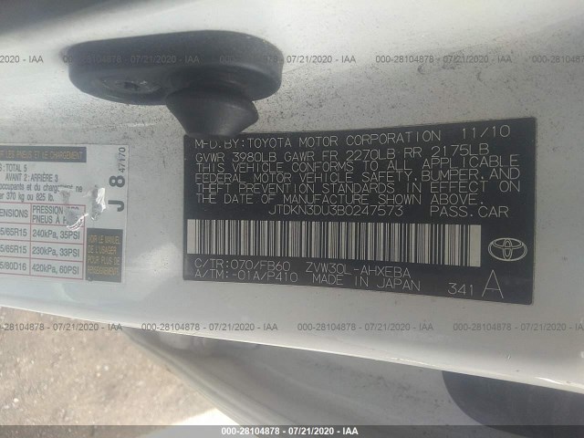 Photo 8 VIN: JTDKN3DU3B0247573 - TOYOTA PRIUS 