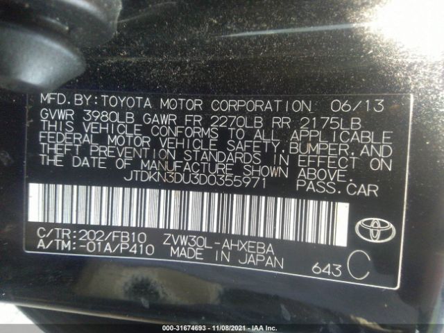 Photo 8 VIN: JTDKN3DU3D0355971 - TOYOTA PRIUS 