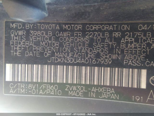 Photo 8 VIN: JTDKN3DU4A0167939 - TOYOTA PRIUS 