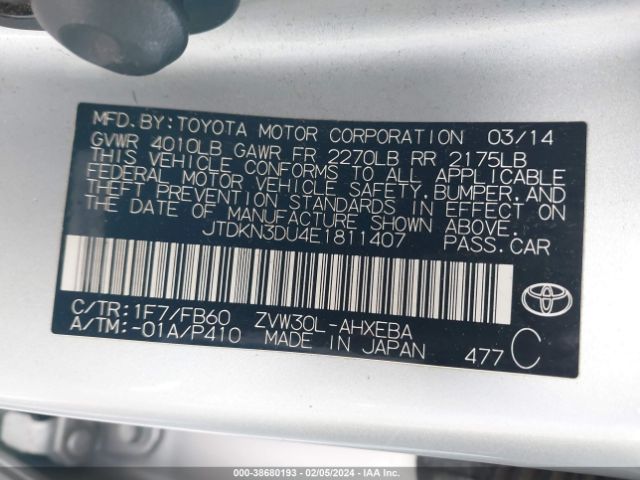 Photo 8 VIN: JTDKN3DU4E1811407 - TOYOTA PRIUS 